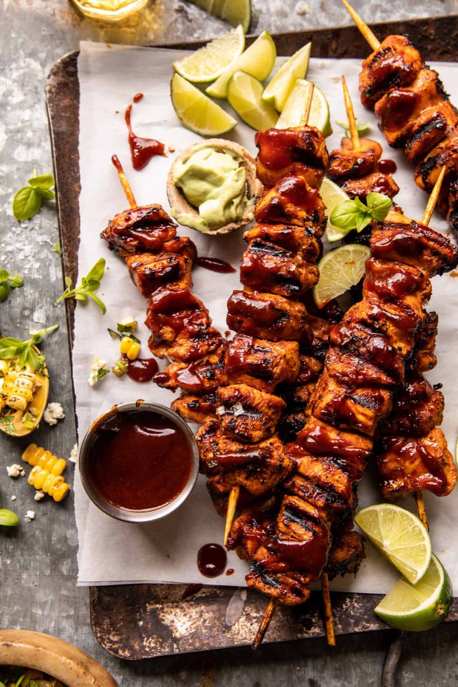 Spicy Beer BBQ Chicken Skewers with Avocado Corn Feta Salsa